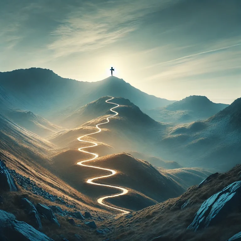 DALL·E 2024-11-01 12.16.34 - A rugged mountain path winding through a valley, leading up to a distant peak with a cross at the summit, symbolizing the journey of discipleship